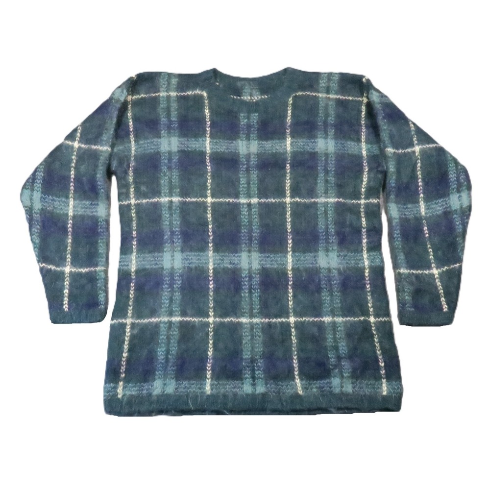 Fuzzy Wool Sweater Womens L Green Navy Plaid Pullover Preppy‎ Cozy Hygge Luxury